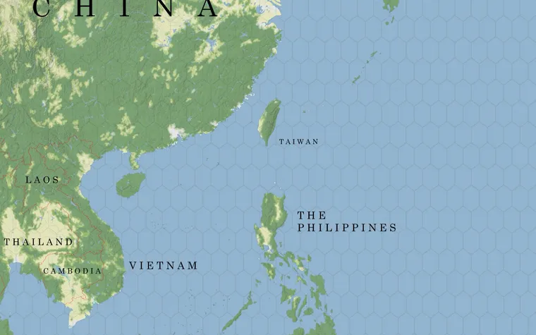 Carte du jeu : l’Asie de l’Est et la mer de Chine méridionale, sur grille hexagonale