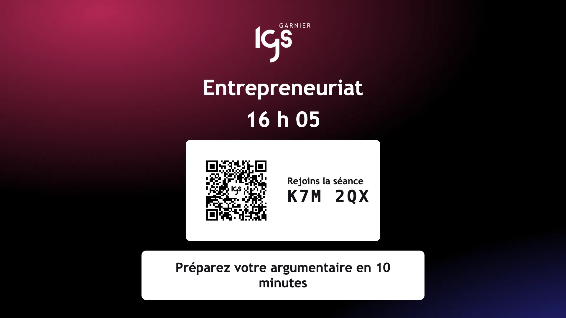 Scène projetée pendant une séance Plateau, avec le code de la séance et le QR code des étudiants.
