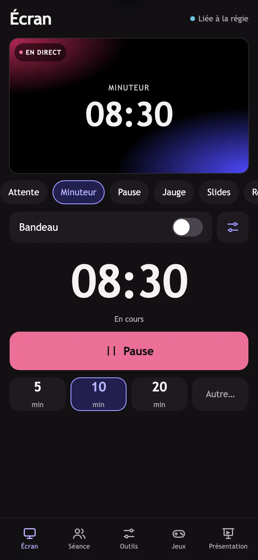 Télécommande Plateau sur iPhone, avec le minuteur de la séance.