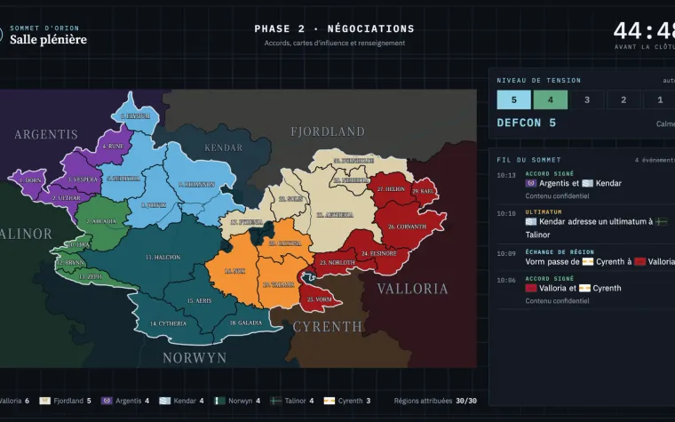 Salle plénière du sommet : carte des régions et fil des événements