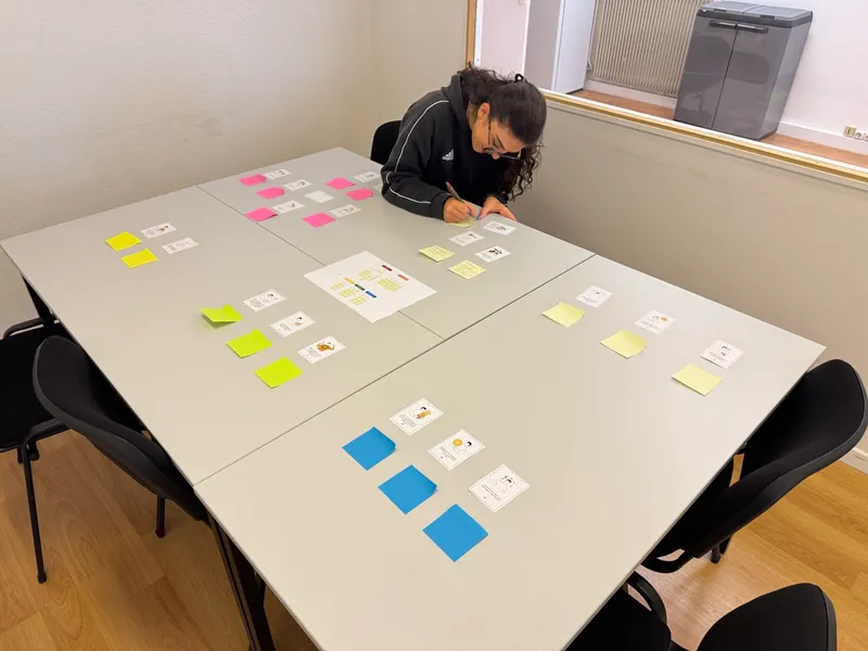 Table de travail couverte de cartes et de notes adhésives pendant une séance de The Beginning